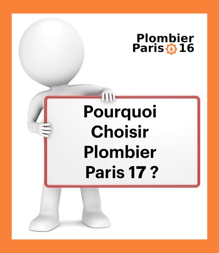 Personnage blanc tenant un panneau avec l'inscription "Pourquoi choisir Plombier Paris 17 ?"; sur fond orange.